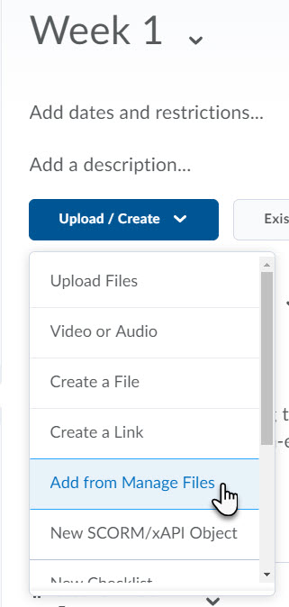 Add from Manage Files button